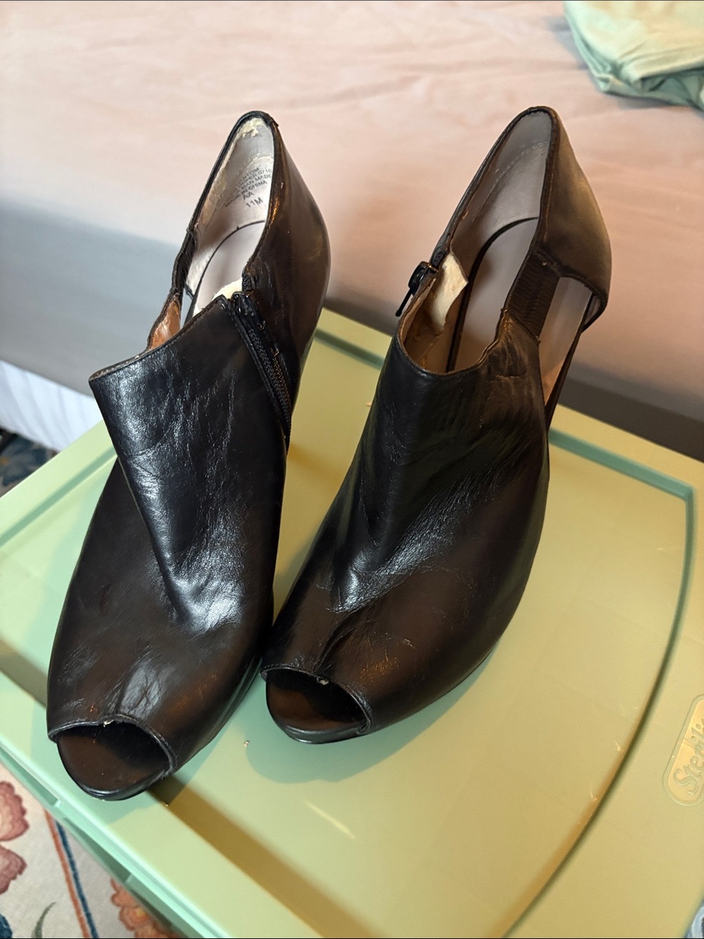Nine West Black Leather Peep-Toe Ankle Heels
